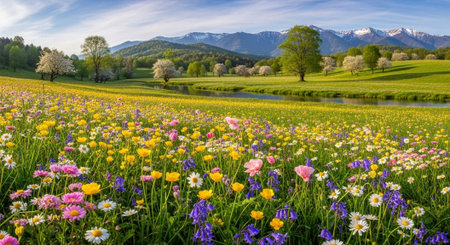 Panoramic view of spring meadow with colorful wildflowers.の写真素材