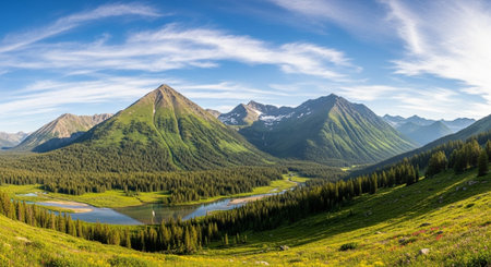 Panoramic view of the mountains and the lake in the summer