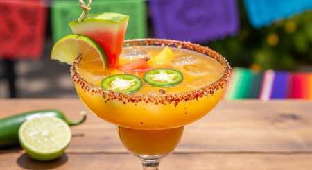 Mexican margaritas with lime and watermelon on wooden table