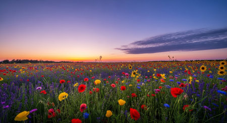 Sunset on a field with poppies and cornflowersの写真素材