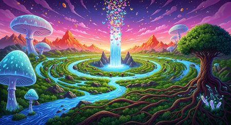 Magic fantasy landscape with a waterfall. Vector illustration.の写真素材