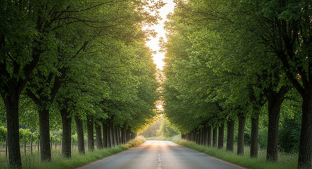 Asphalt road through the green trees at sunset. Nature background.の写真素材