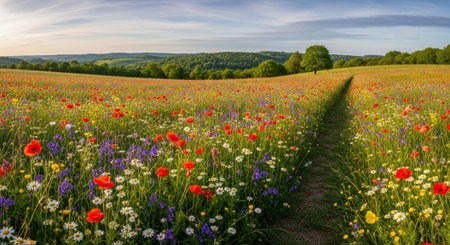 Panoramic view of a spring meadow with poppies and cornflowersの写真素材
