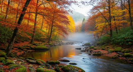 Autumn landscape with a river in the forest. Colorful foliage.の写真素材