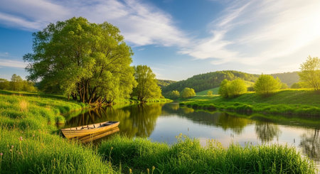 Boat on the bank of the river. Spring landscape. Panoramic view.の写真素材