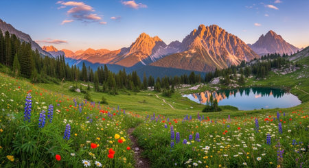 Panoramic view of alpine meadow with wildflowers and mountains in background at sunsetの写真素材