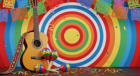 Cinco de mayo background with guitarcas and confettiの写真素材