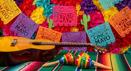 Cinco de mayo background with traditional mexican maracas and guitarの写真素材