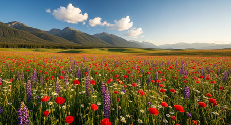 Beautiful meadow with poppies and wildflowers in Canadaの写真素材