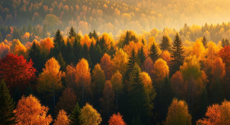 Colorful autumn forest with fog in the morning. View from aboveの写真素材