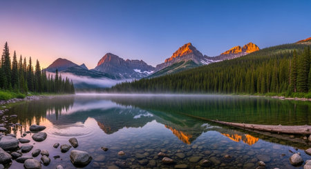 Lake Louise at sunrise, Banff National Park, Alberta, Canadaの写真素材