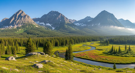 Mountain landscape with meadow and river, Canadian Rockies, Alberta, Canadaの写真素材
