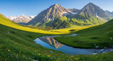 Panoramic view of alpine meadow with wildflowers and snow-capped mountainsの写真素材