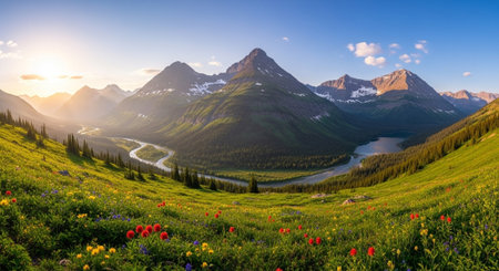 Panoramic view of alpine meadow with wildflowers at sunsetの写真素材