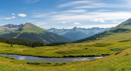 Panoramic view of the alpine meadows and valleys in summer.の写真素材