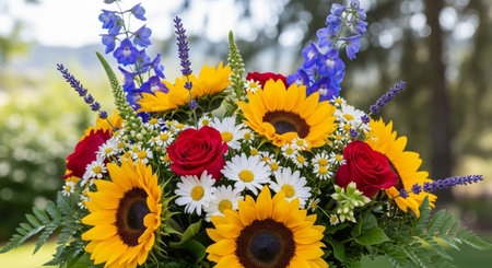 Bouquet of flowers with sunflowers and wildflowersの写真素材
