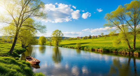 Panorama of a small wooden boat on the river in spring.の写真素材