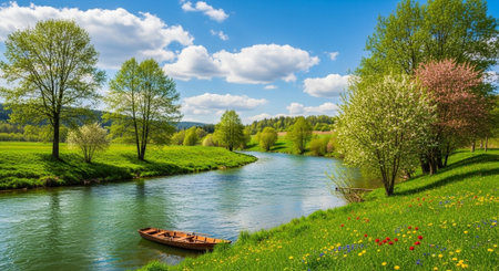 Beautiful spring landscape with river and boat in the meadow.の写真素材