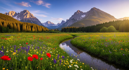 Beautiful meadow with wildflowers and mountains in background.の写真素材