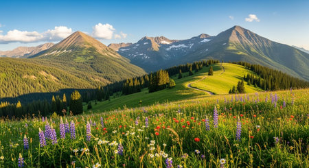 Panoramic view of alpine meadow with wildflowers and snowcapped mountains in backgroundの写真素材