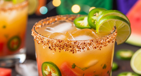 Close up of a glass of iced Tequila Sunrise cocktail garnished with lime and jalapeno