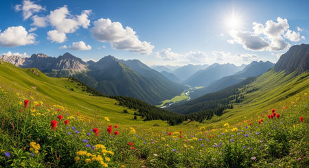 Mountain meadow panorama. Summer landscape in the mountains.の写真素材
