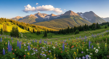 Panoramic view of alpine meadow with wildflowers and high mountains in backgroundの写真素材