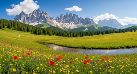 Panoramic view of the Dolomites. Spring landscape.の写真素材
