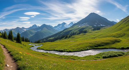 Panoramic view of the alpine meadow in summer.の写真素材