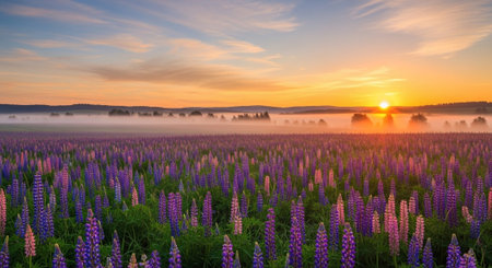 Sunrise over lupine field in summer with fog in the backgroundの写真素材