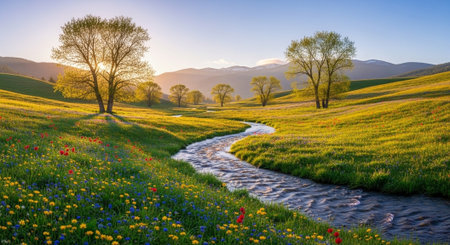 Beautiful spring landscape with a small river and blooming meadowsの写真素材