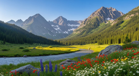 Panoramic view of the alpine meadow with wildflowersの写真素材