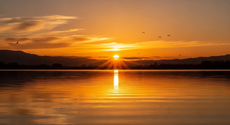 Sunset over a lake with birds flying in the sky and reflection