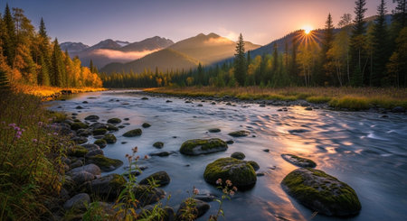 Mountain river at sunset. Kootenay, British Columbia, Canadaの写真素材