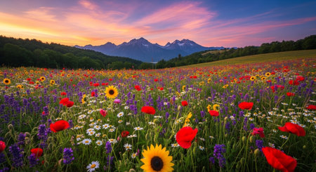Sunset in the meadow with poppies and mountains in the background