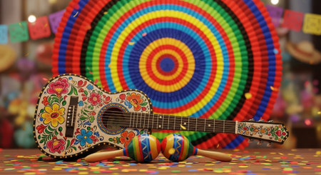 guitar and maracas on the background of a colorful circleの写真素材
