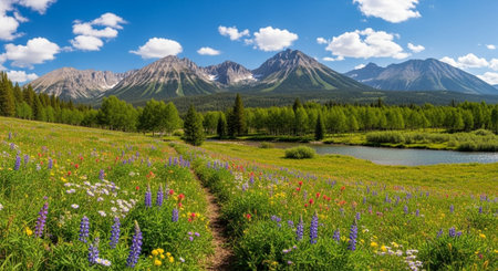 Mountains and meadow in Jasper National Park, Alberta, Canadaの写真素材