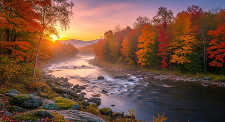 Colorful autumn landscape with mountain river in the forest at sunset.の写真素材