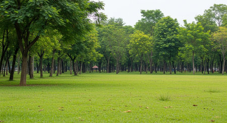 Green grass and trees in the city park. Nature green background.の写真素材