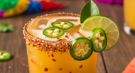 Mexican Tequila Sunrise Cocktail with Jalapenos and Limeの写真素材