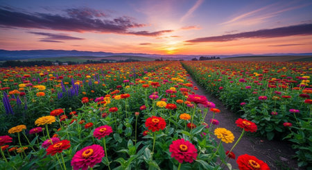 Sunset over Zinnia flower field in the Czech Republic.の写真素材