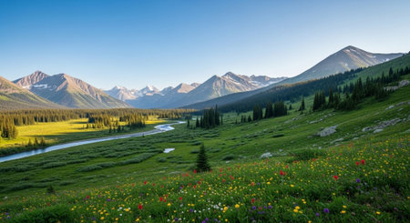 Panoramic view of alpine meadow with wildflowers