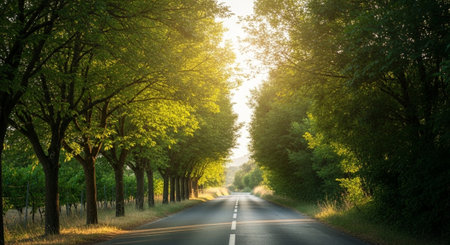 Road in the forest at sunset. Summer landscape with road and treesの写真素材