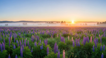 Sunrise over lupine field in a foggy summer morningの写真素材