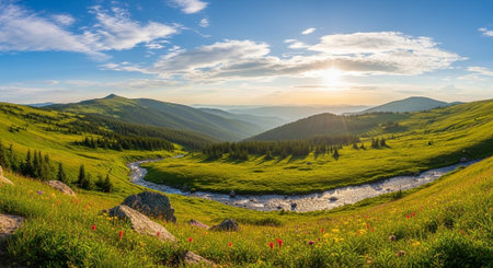 Panoramic view of the Carpathian mountains in Ukraine.