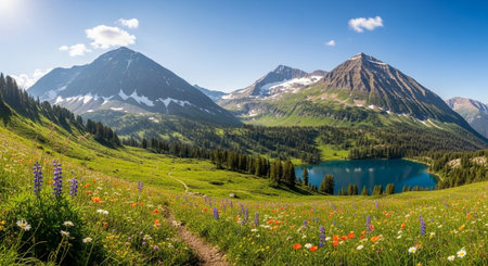 panoramic view of alpine meadow with flowers and mountains in background
