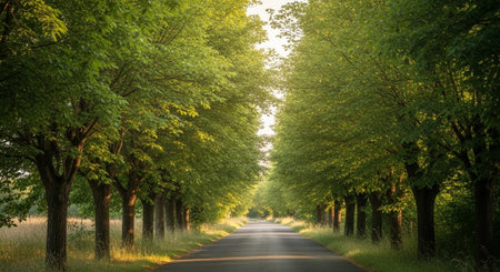 Asphalt road in the green forest at sunrise. Summer landscape.の写真素材