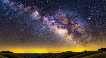 Milky Way over Tuscany, Italy. Panoramic viewの写真素材
