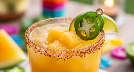 Mango margarita cocktail with ice, lime and chili pepperの写真素材