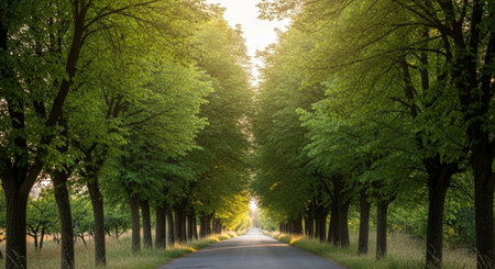 Asphalt road through green trees in the park at sunset with sun raysの写真素材